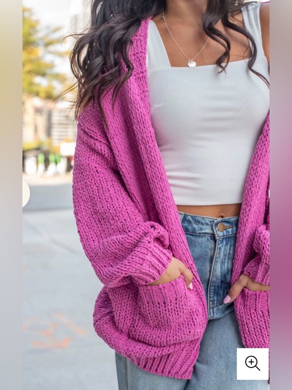 Free People Nightingale Cardi in Bright  Fuchsia. Open-Front Knit Cardigan